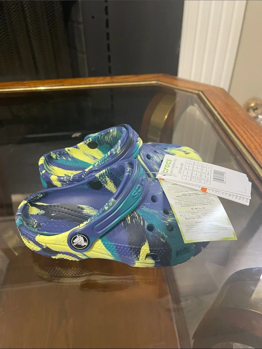 CROCS Kids' Swirl Clogs in Blue, Green & Yellow